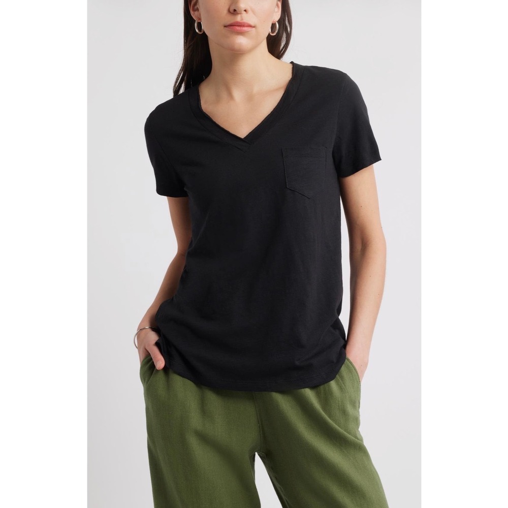 Caslon Womens Black V-Neck Short Sleeve Pocket Tee Cotton Modal Blend M